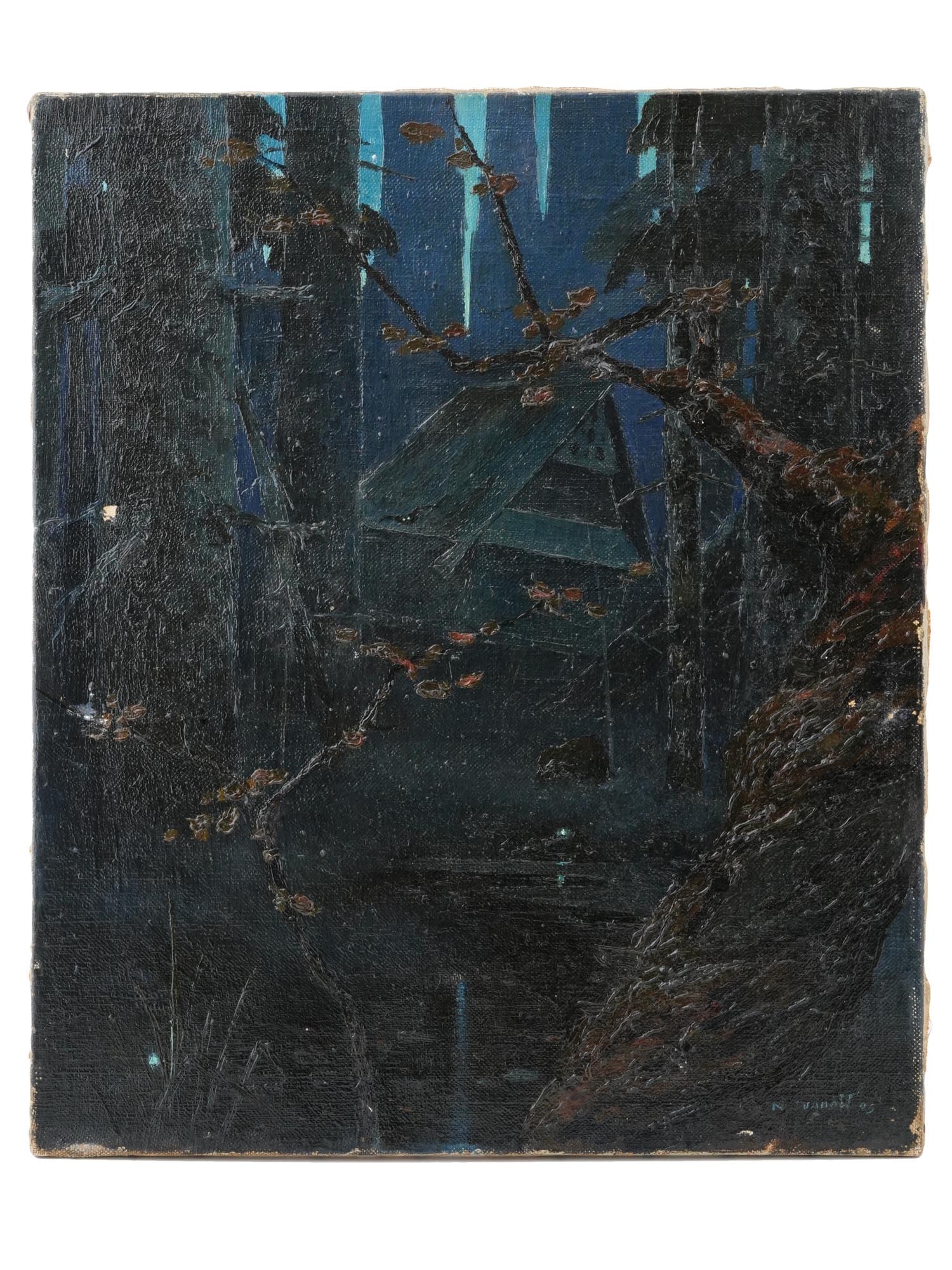 ANTIQUE RUSSIAN OIL PAINTING BY NIKOLAI IVANOFF: An antique oil on canvas painting by Nikolai Ivanoff, 1885 to 1931, Russian, member of the Union of Russian Artists in France. The artwork titled Baba Yaga House was created in 1909 and depicts an old