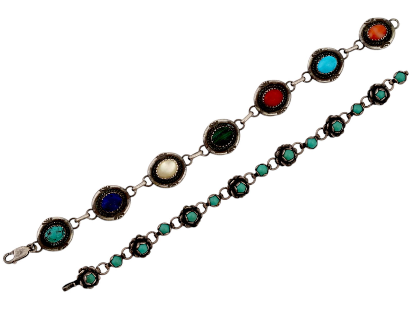 LOT OLD PAWN SILVER TURQUOISE LAPIS CORAL BRACELETS (1 of 6)