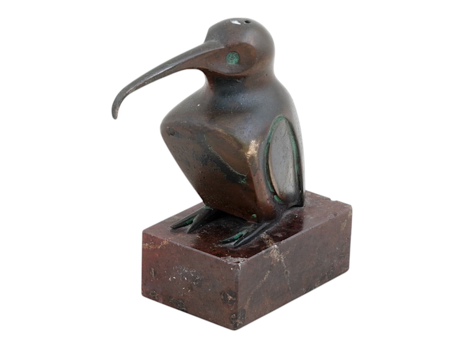 SWISS BRONZE BIRD FIGURINE BY EDOUARD M SANDOZ: A Swiss patinated bronze bird figurine by Edouard Marcel Sandoz. Art Deco figurine modeled in the form of a seated bird with a long curved beak. Signed ED M Sandoz on the lower part of the body. Mount