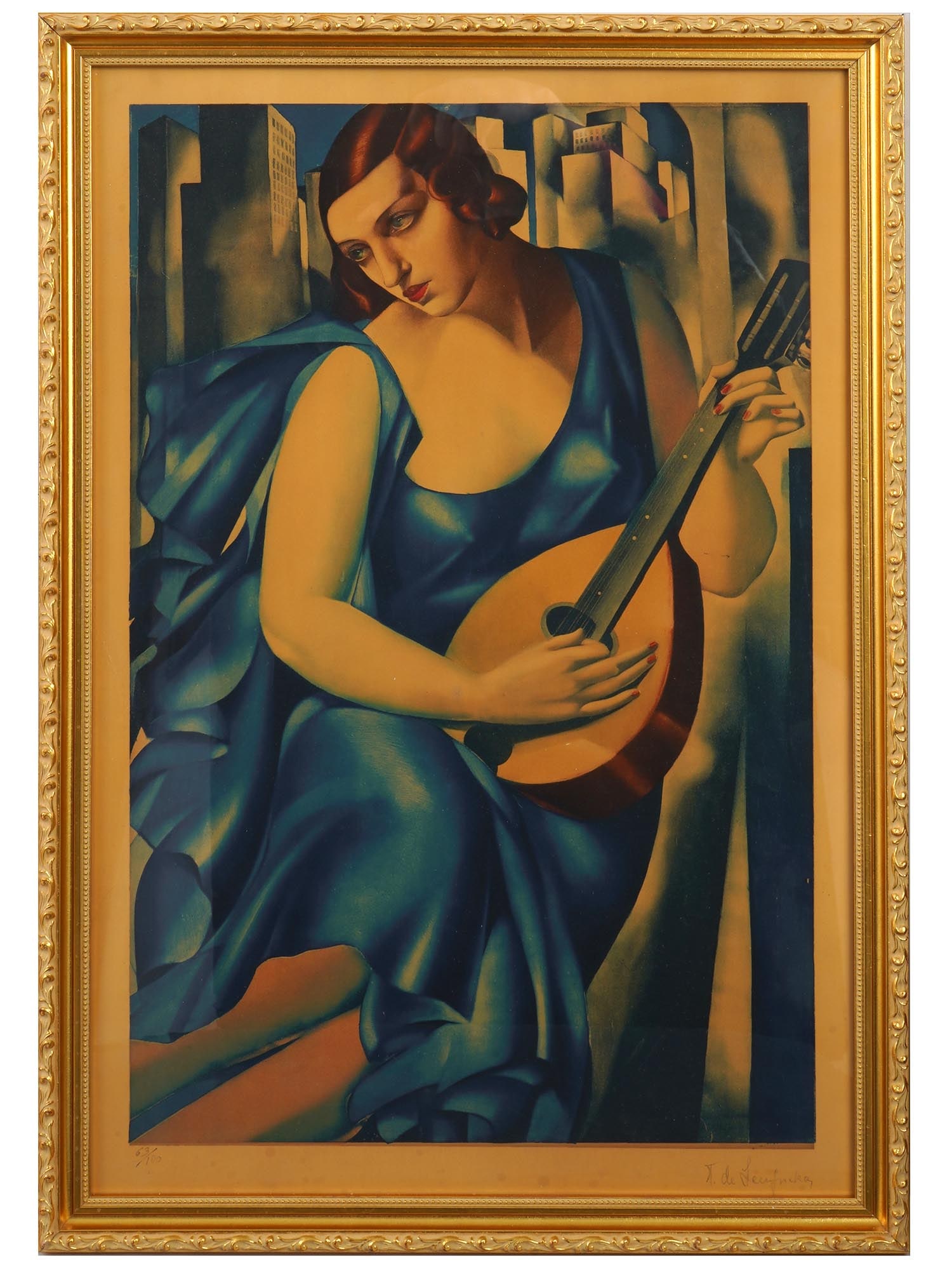 TAMARA DE LEMPICKA POLISH ETCHING WOMAN WITH MANDOLIN: Tamara de Lempicka, Polish, 1898 to 1980, an etching and aquatint on paper depicting a woman with mandolin. Signed lower right and numbered 63 of 100 lower left. Framed. Tamara de Lempicka was a paint
