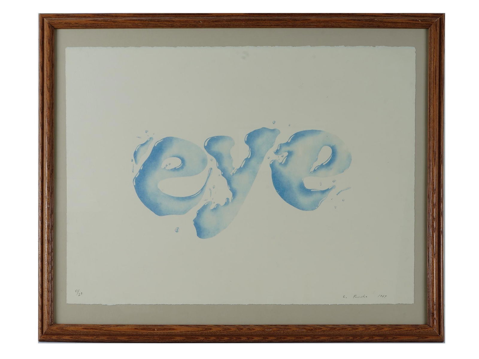 ED RUSCHA AMERICAN POP ART EYE COLOR LITHOGRAPH: Monochrome blue lithograph on Arches wove paper by Ed Ruscha, born 1937, a renowned American Pop artist ranked among the Top 100 artists globally. Ruscha achieved recognition for paintings incorporati