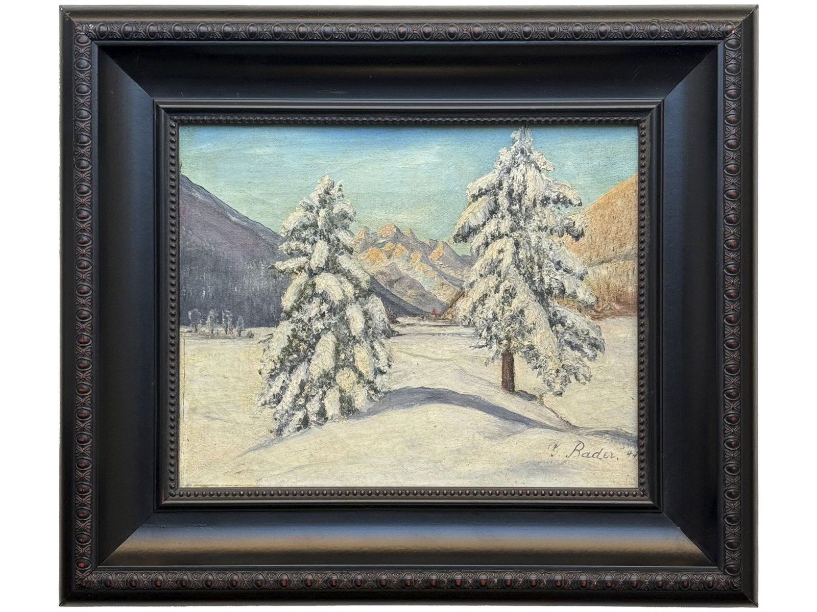 WINTER LANDSCAPE OIL PAINTING BY G. BADER: An oil on canvas painting depicting a sunny snowy landscape with trees in the foreground and mountains in the background. Signed lower right, G. Bader, possibly for Georg Bader, 1931 to 1993. One of a