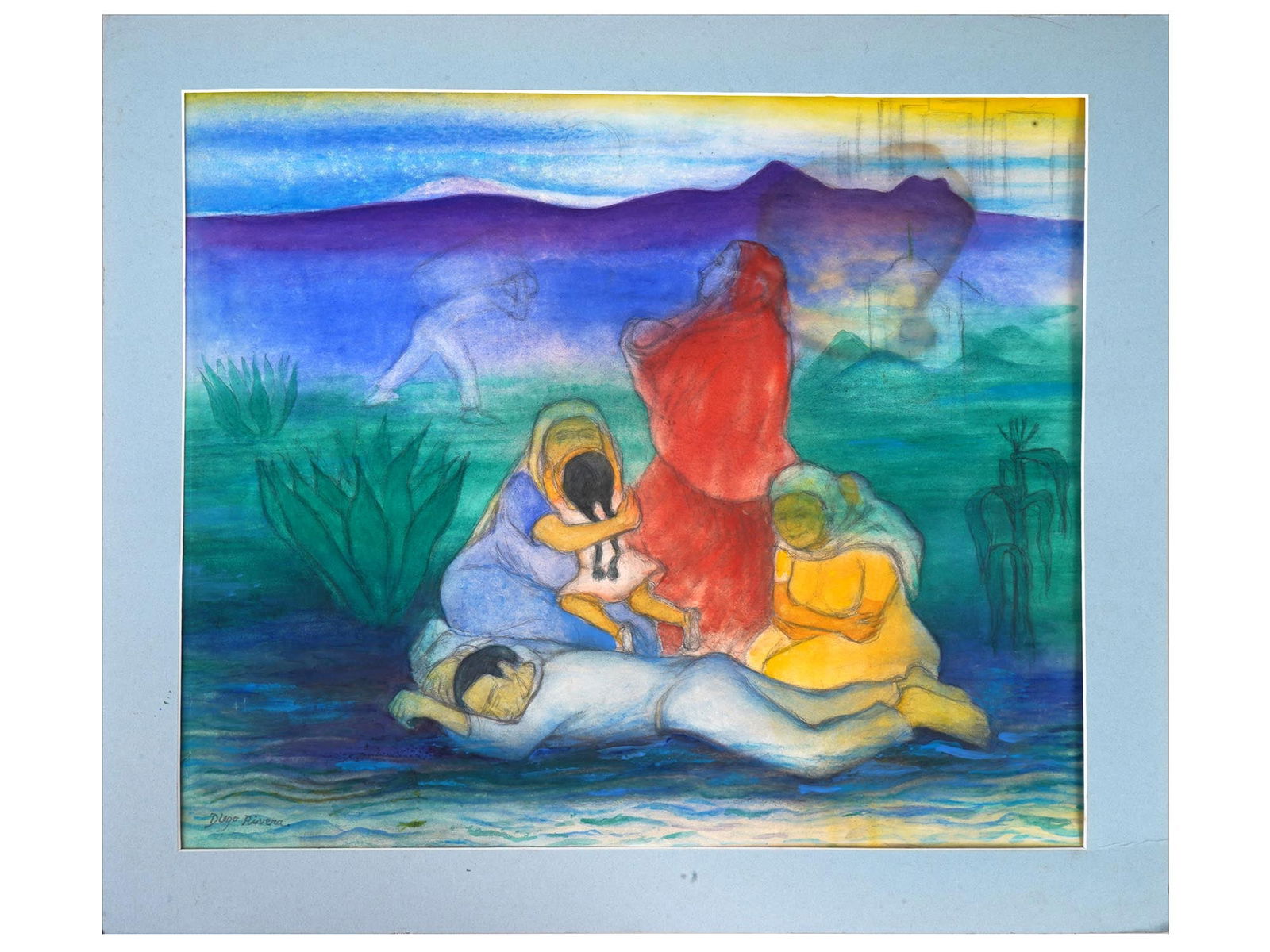 MEXICAN PASTEL PAINTING IN MANNER OF DIEGO RIVERA: A pastel painting on paper depicting a family farm genre scene in a river landscape in the manner of Diego Rivera, Mexican, 1886 to 1957. Inscribed, Diego Rivera, lower left. Matted. Diego Rivera was