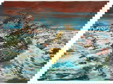 PAINTING SHIPWRECK SCENE SIGNED WINSTON CHURCHILL