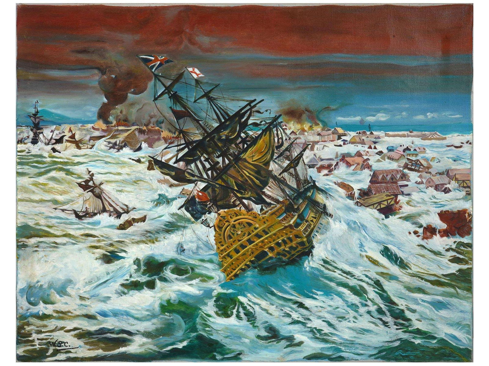 PAINTING SHIPWRECK SCENE SIGNED WINSTON CHURCHILL (1 of 4)