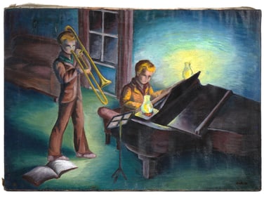 ATTR TO THOMAS BENTON AMERICAN PAINTING MUSICAL SCENE