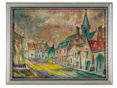 LYONEL FEININGER CITYSCAPE MIXED MEDIA PAINTING