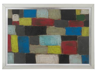 ATTR SEAN SCULLY ABSTRACT AMERICAN IRISH OIL PAINTING: Attributed to Sean Scully, Irish, American, born 1945, oil painting on board depicting a geometrical abstract composition. Signed with initials, lower right. Framed. Sean Scully is an Irish born Ameri