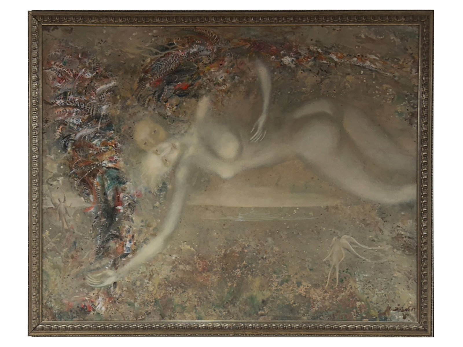VASILY SITNIKOV RUSSIAN AMERICAN TEMPERA PAINTING: Vasily Yakovlevich Sitnikov, Russian, American, 1915 to 1987, tempera painting on canvas depicting a couple of nude flying people against fantasy background. Signed and dated 1983 lower right. Additio