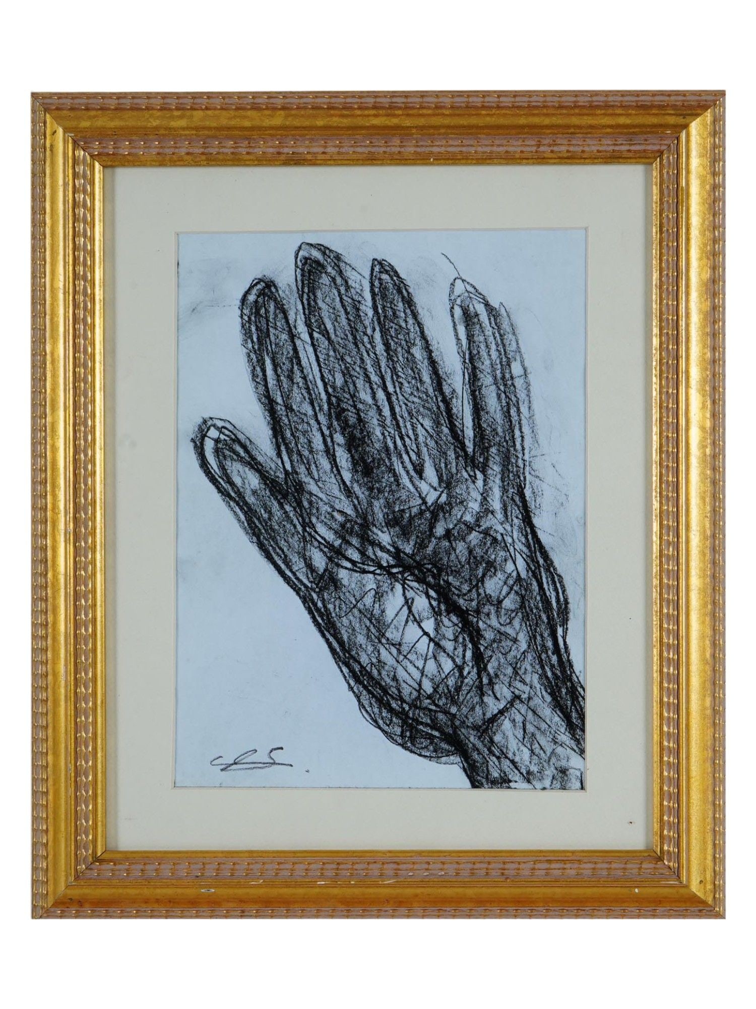 CHIHARU SHIOTA MANNER JAPANESE CHARCOAL PAINTING: A charcoal painting on paper depicting a composition with a hand in the manner of Chiharu Shiota, Japanese, born 1972. Inscribed lower left. Framed. Chiharu Shiota is a Japanese performance and instal