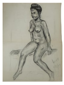 MIDCENT FEMALE NUDE CHARCOAL PAINTING SIGNED HESS