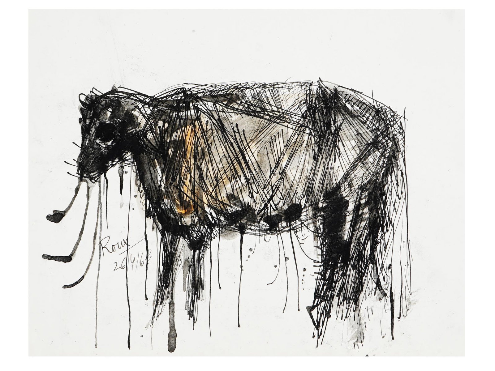 ATTR GUILLERMO ROUX SURREAL ARGENTINE INK PAINTING: Attributed to Guillermo Roux, Argentine, 1929 to 2021, ink painting on paper depicting a portrait of an animal, probably a cow, 1963. Signed and dated, April 26, 1963, lower left. Guillermo Roux is kn