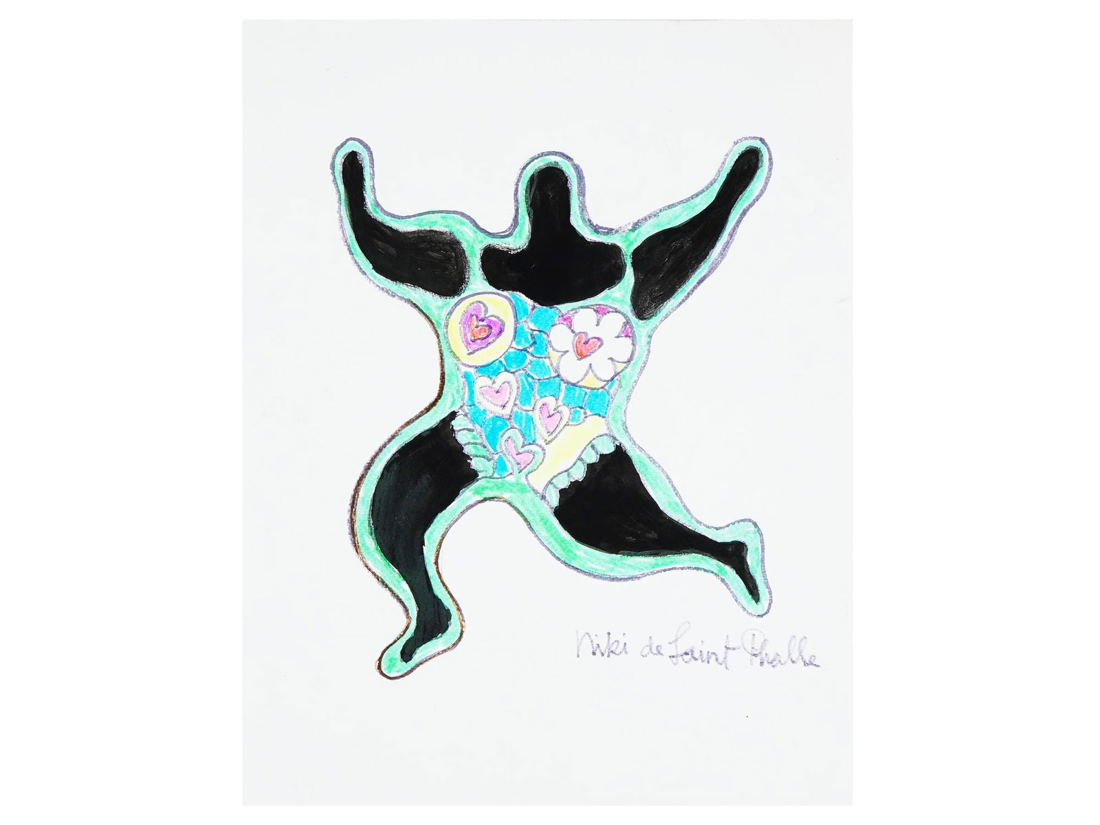 AFTER NIKKI DE SAINT PHALLE FRENCH MIXED MEDIA ARTWORK: Oil pastel and felt-tip pen on paper artwork. After Nikki de Saint Phalle, 1930 to 2002, a French artist noted as one of the few female monumental sculptors. She first received worldwide attention for