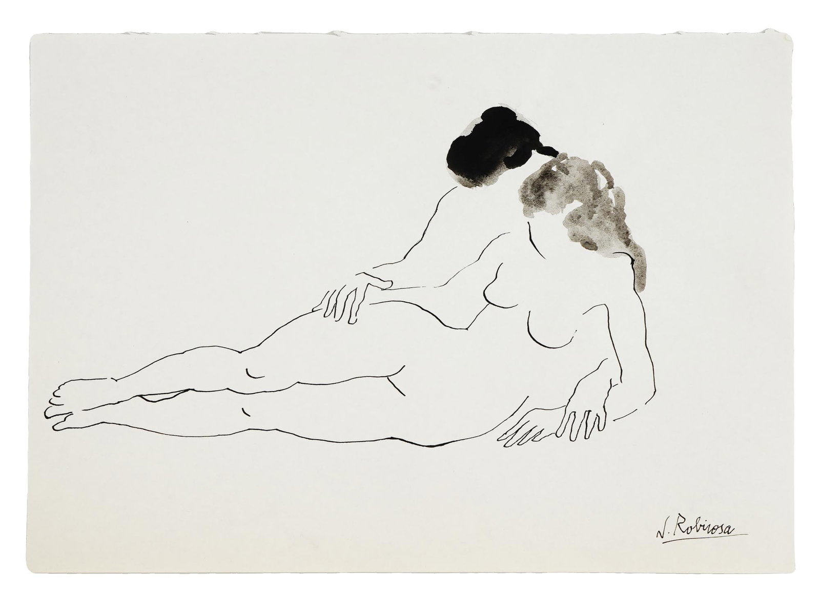 JOSEFINA ROBIROSA ARGENTINIAN PAINTING NUDE COUPLE: Josefina Robirosa, Argentinian, 1932 to 2022, an ink drawing on paper depicting a nude couple. Signed lower right. Josefina Robirosa was an artist known for her paintings, murals, and drawings. She is