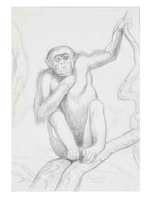 ATTR TO PAUL JOUVE FRENCH PENCIL PAINTING OF CHIMPANZEE