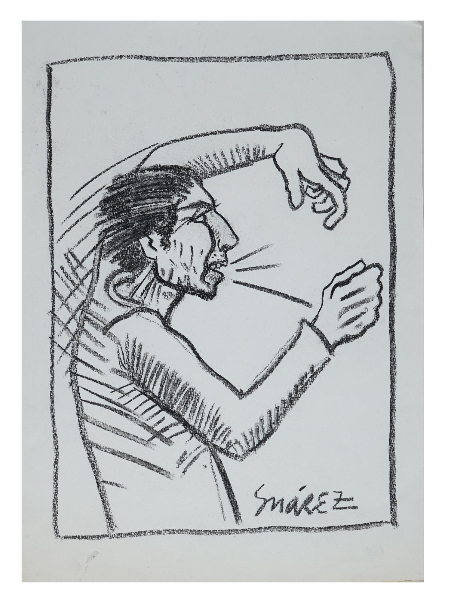 PABLO SUAREZ ARGENTINE CARICATURE CHARCOAL PAINTING: Charcoal on paper drawing by Pablo Suarez, 1937 to 2006, an Argentine self-taught avant-garde artist and sculptor, best known for his 1968 public letter addressed to the critic Jorge Romero Brest. In 