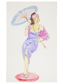 POST WWII FASHION ILLUSTRATION WATERCOLOR PAINTING