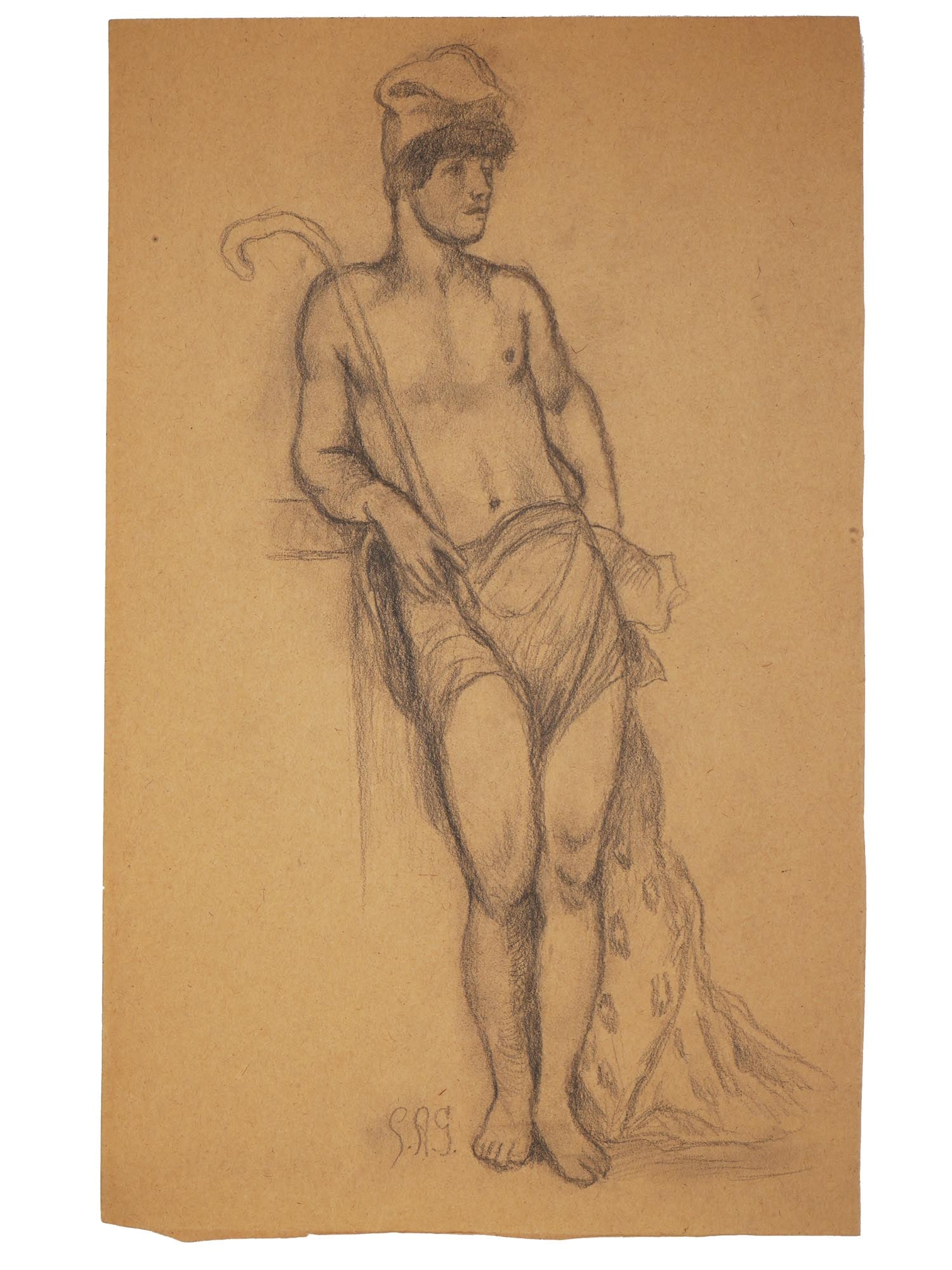 EARLY 20TH C MALE PORTRAIT GRAPHITE PAINTING SIGNED: Graphite on paper drawing. Early to mid-20th century. The sketch depicts a full-length portrait of a semi-nude young man in phrygian cap. Signed by the artist with initials in the lower left, SAG. Col