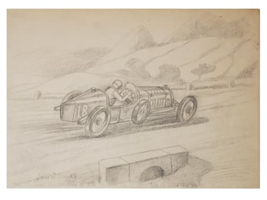 BUGATTI TYPE 35 RACE CAR GRAPHITE PAINTING SIGNED