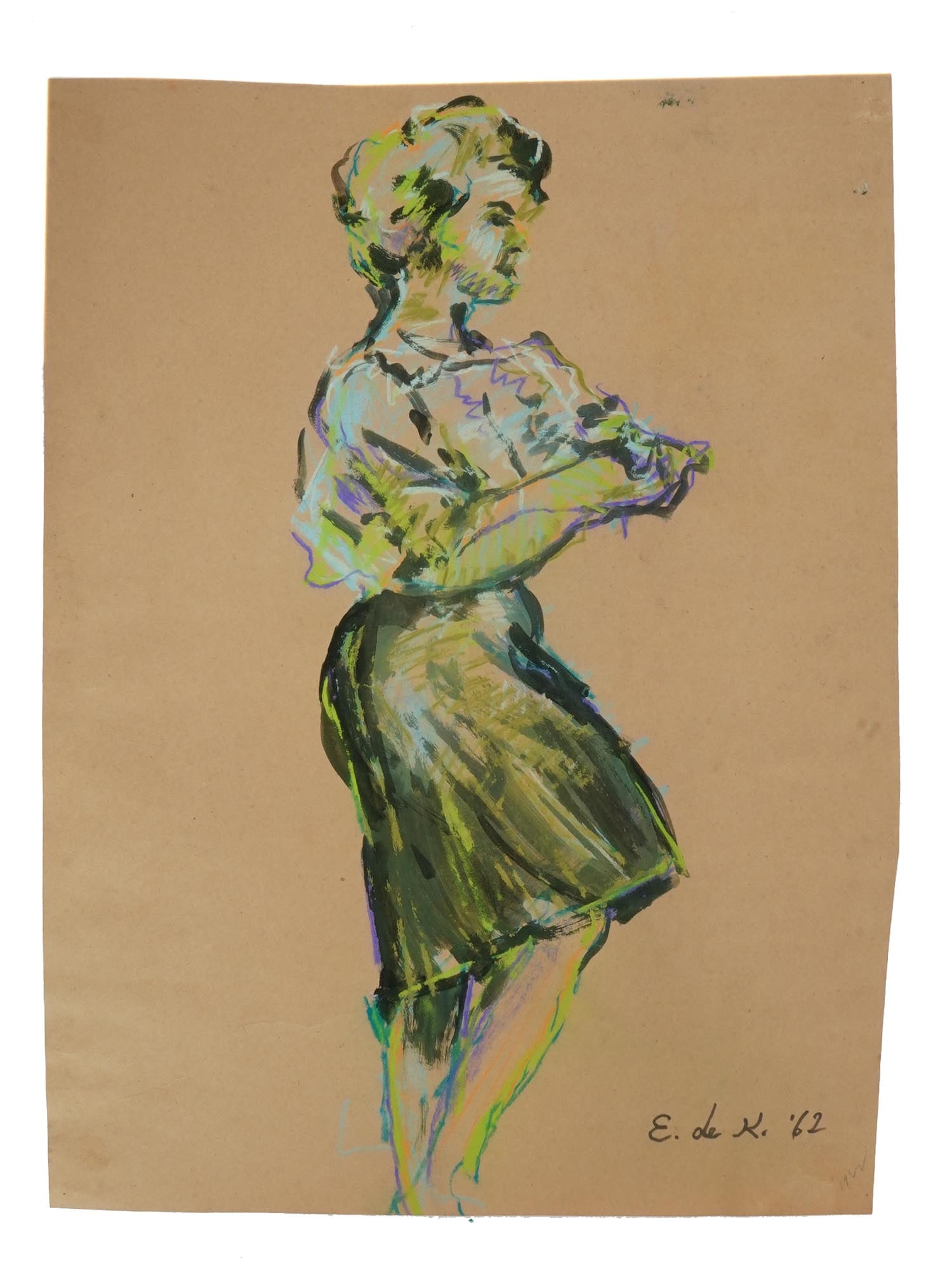 ATTR TO ELAINE DE KOONING MIXED MEDIA PAINTING ON PAPER: Attributed to Elaine Fried de Kooning, American 1918 to 1989, a mixed media painting on paper depicting a sketch portrait of a dancing woman. Signed lower right. Elaine Marie Catherine de Kooning was