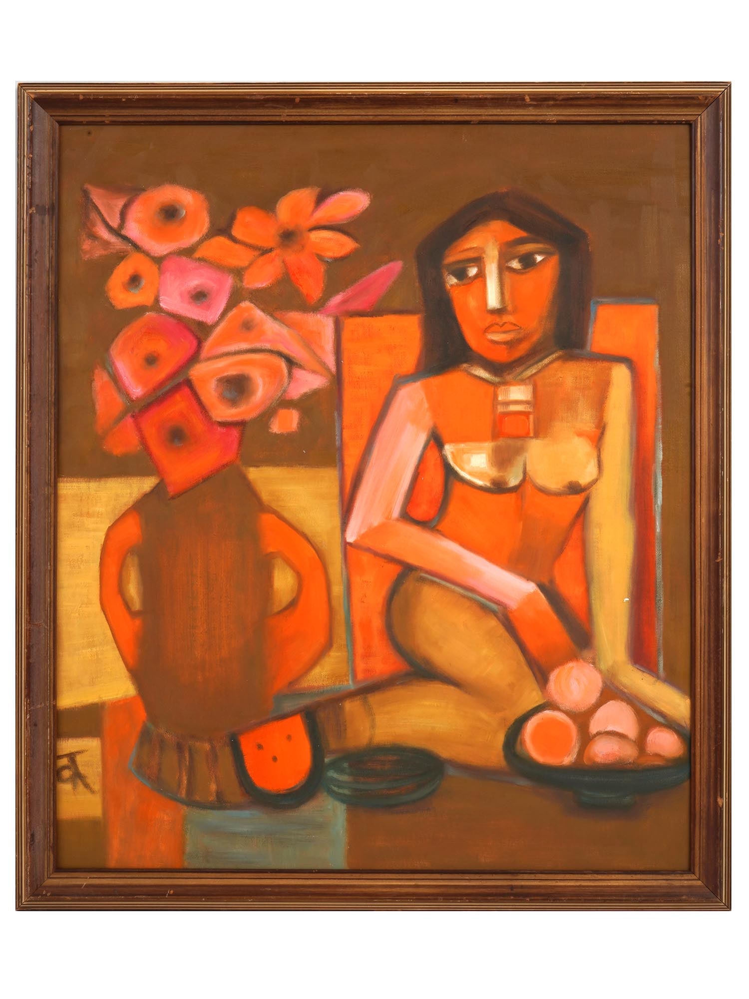 INDIAN PORTRAIT OIL PAINTING AFTER BADRI NARAYAN: An oil painting on canvas depicting a portrait of a nude woman after the original oil painting, Nude with Still Life, 1970 by Badri Narayan, Indian, 1929 to 2013. Inscribed lower left. Framed. Badri N