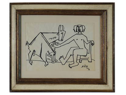 MODERN INDIAN PAINTING IN MAQBOOL FIDA HUSAIN MANNER: A Mid 20th century marker painting on paper depicting a scene with bulls in the manner of Maqbool Fida Husain, Indian, English, 1913 to 2011. Inscribed and dated 54, lower right. Framed. Maqbool Fida