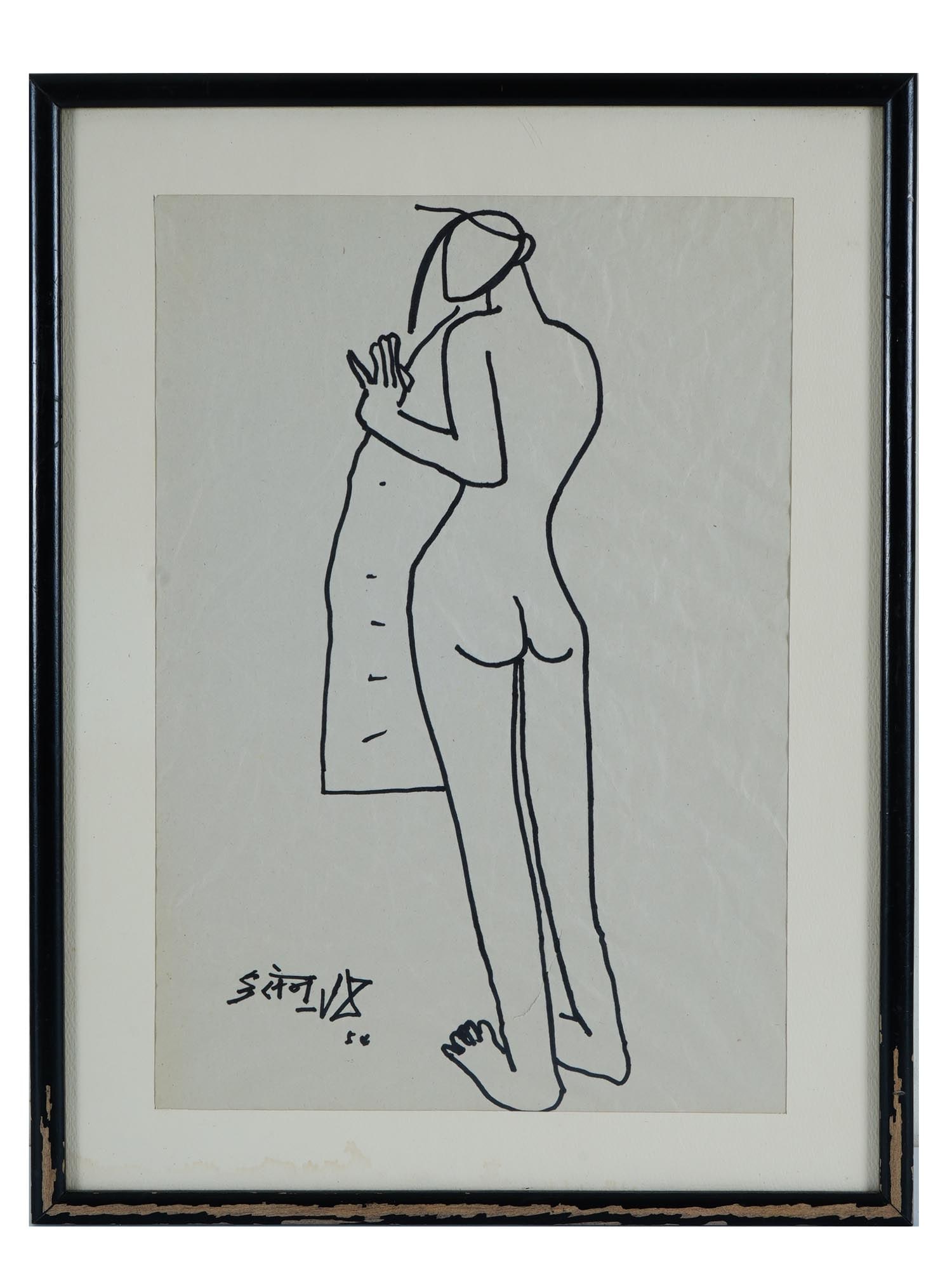 MODERN INDIAN PAINTING IN MAQBOOL FIDA HUSAIN MANNER: A Mid 20th century marker painting on paper depicting a nude portrait in the manner of Maqbool Fida Husain, Indian, English, 1913 to 2011. Inscribed and dated, lower left. Framed. Maqbool Fida Husain 
