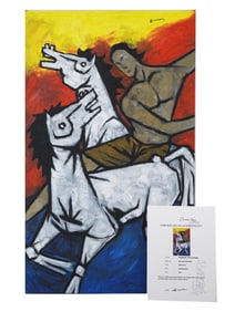 MAQBOOL F HUSAIN MANNER MODERN INDIAN PAINTING W COA