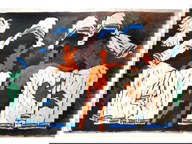 ATTR TO MF HUSAIN INDIAN ACRYLIC PAINTING WITH COA