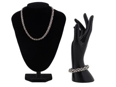 ITALIAN ST SILVER BYZANTINE WEAVE NECKLACE AND BRACELET