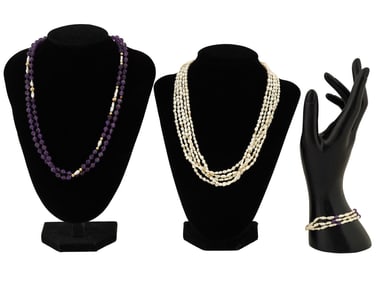 TWO NECKLACES AND BRACELET W PEARL AND AMETHYST BEADS