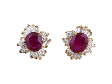 VINTAGE 14K GOLD DIAMONDS RUBY FRENCH CLIP EARRINGS