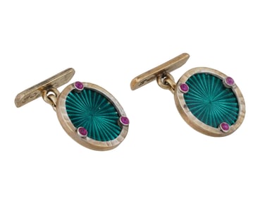 RUSSIAN SILVER GUILLOCHE ENAMEL W RUBY CUFFLINKS