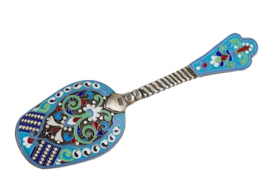 RUSSIAN GILT SILVER CLOISONNE ENAMEL SUGAR SPOON