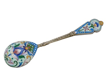 RUSSIAN GILT SILVER AND CLOISONNE ENAMEL SERVING SPOON