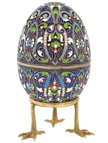 RUSSIAN SILVER CLOISONNE ENAMEL EGG CASKET W STAND