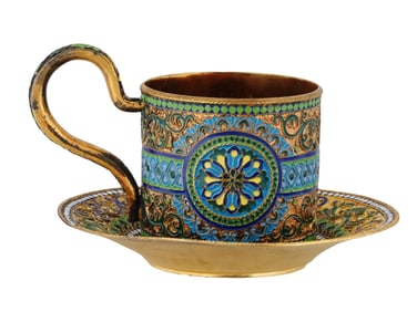 RUSSIAN 88 GILT SILVER ENAMEL TEA CUP AND SAUCER SET