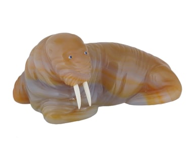 RUSSIAN CARVED AGATE FIGURINE WALRUS WITH SAPPHIRE EYES