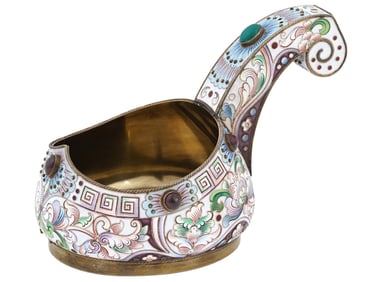 LARGE RUSSIAN 88 GILT SILVER ENAMEL KOVSH W GEMSTONES