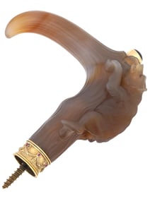 RUSSIAN AGATE AND 14K GOLD SILVER CANE HOLDER W BEAR