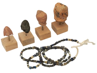 ANCIENT ROMAN TERRACOTTA STEATITE HEADS AND GLASS BEADS