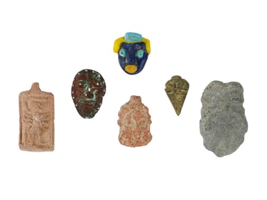 GROUP OF ANCIENT MOSAIC BRONZE TERRACOTTA FACE WARES