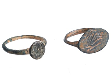 TWO ANCIENT GRECO ROMAN BRONZE SIGNET RINGS