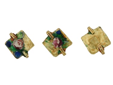 GROUP OF ANCIENT GOLD PENDANTS WITH ENAMELED MOTIFS