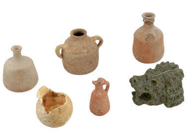 GROUP OF ANCIENT VESSELS AND ANIMAL HEAD FIGURE