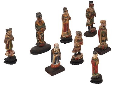 8 ANTIQUE CHINESE PAINTED WOOD COURT FIGURINES