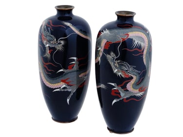 JAPANESE DRAGONS SILVER WIRE CLOISONNE ENAMEL VASES