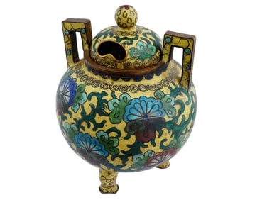 ANTIQUE JAPANESE ENAMEL CENSER BURNER FLORAL DESIGN