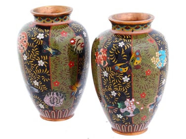 ANTIQUE JAPANESE CLOISONNE ENAMEL BUTTERFLY VASES