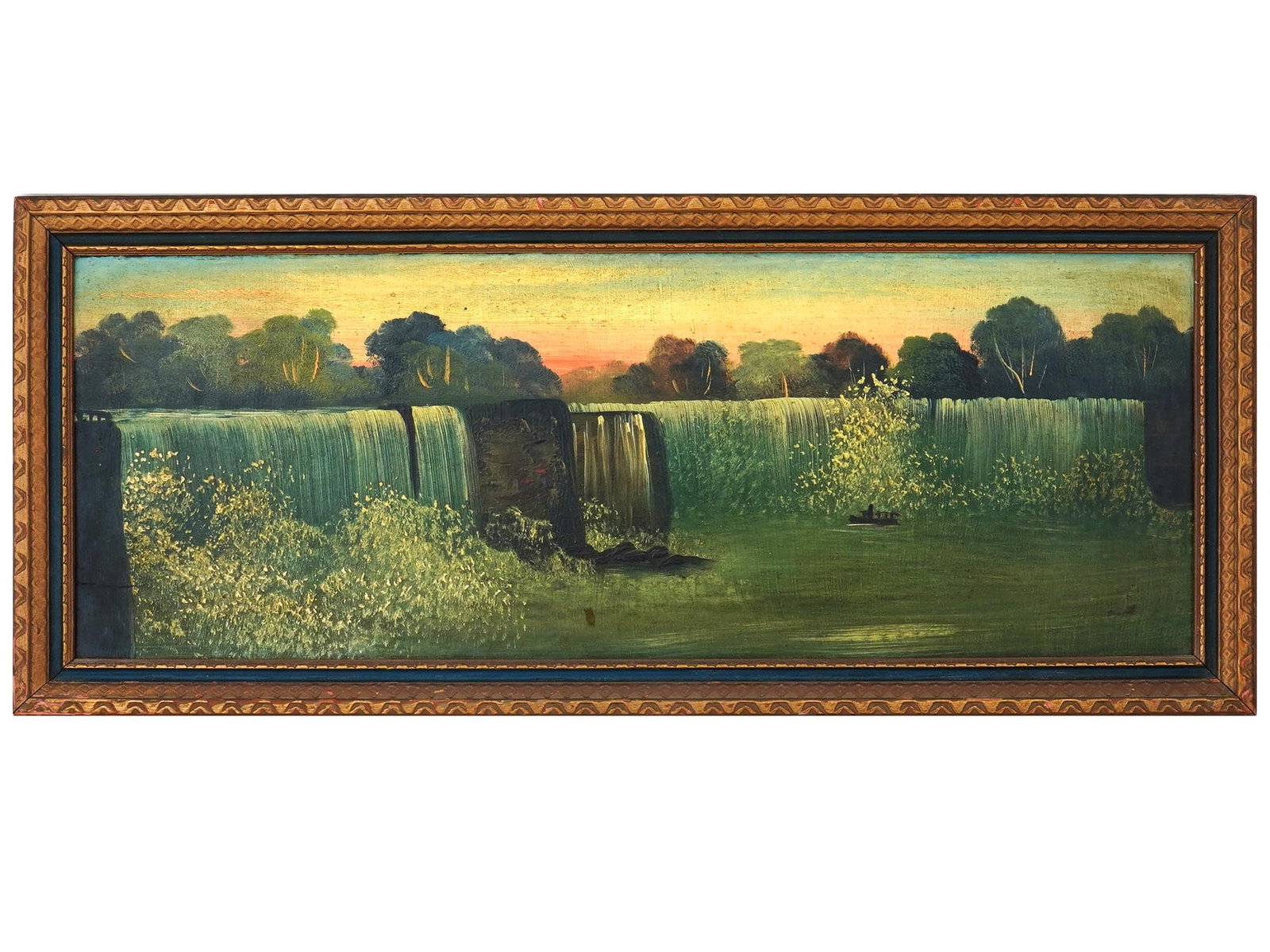 VINTAGE AMERICAN OIL ON BOARD NIAGARA FALLS PAINTING: A vintage American oil on board landscape painting of Niagara Falls. Circa mid 20th century. Unsigned. Framed. Stamped on the back. One of a kind artwork. American Fine Art Collectibles. Dimensions: F